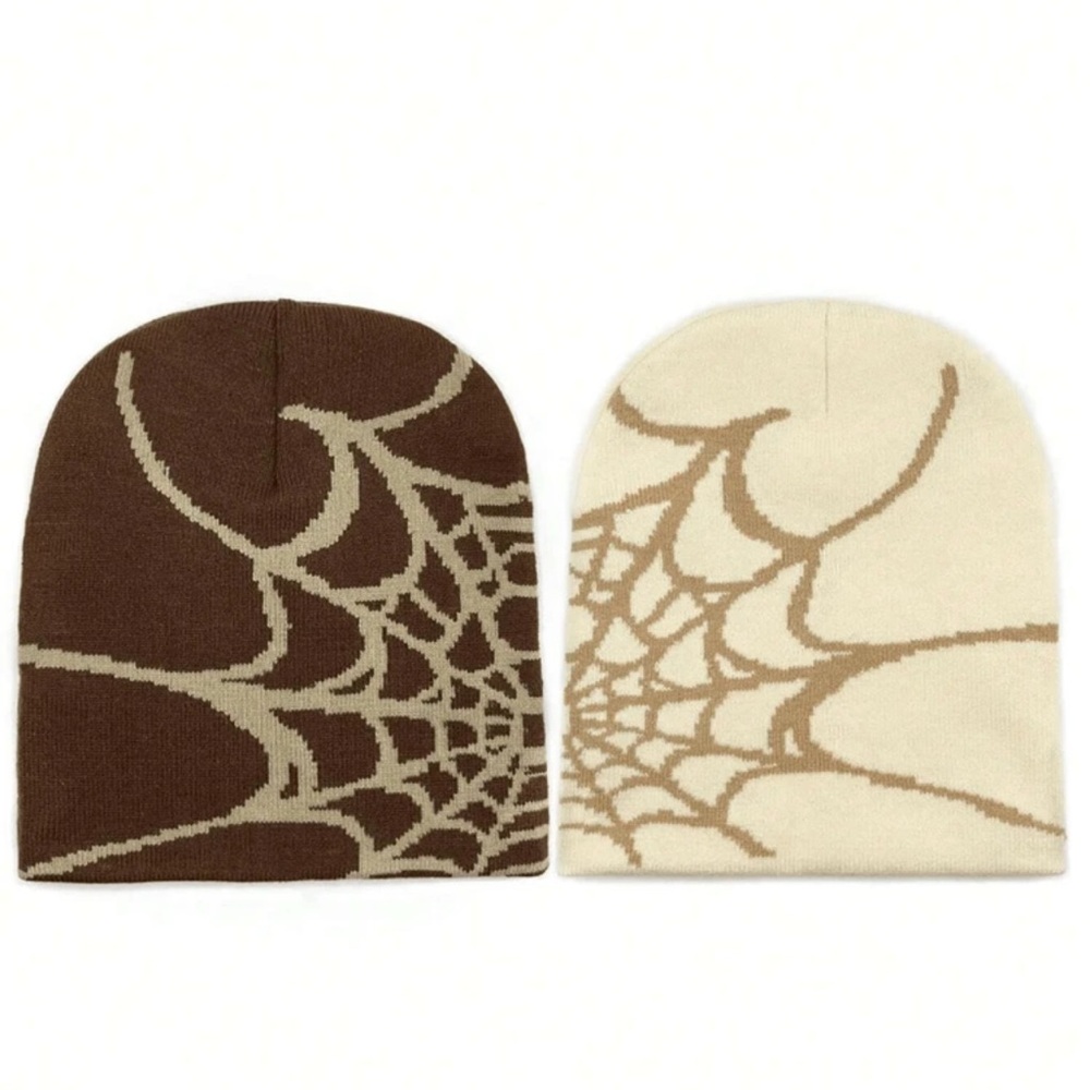 Spider Web Kids Beanie Set - Brown and Cream